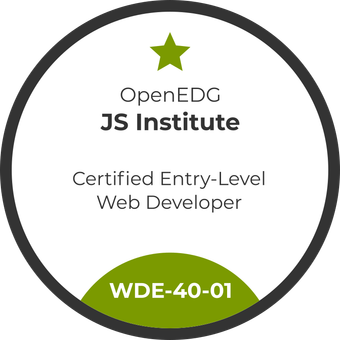 A circular badge that says 'OpenEDG JS Institute Certified Entry-Level Web Developer'