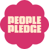 A pink flower-shaped badge with text that says 'People Pledge'